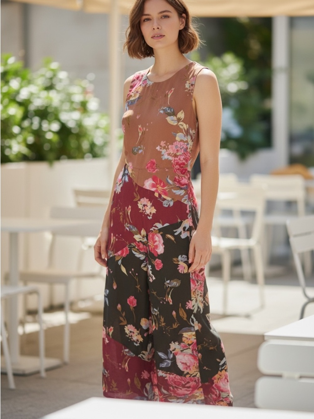 ASOS Floral Patchwork Sleeveless Jumpsuit in Brown, Burgundy & Black